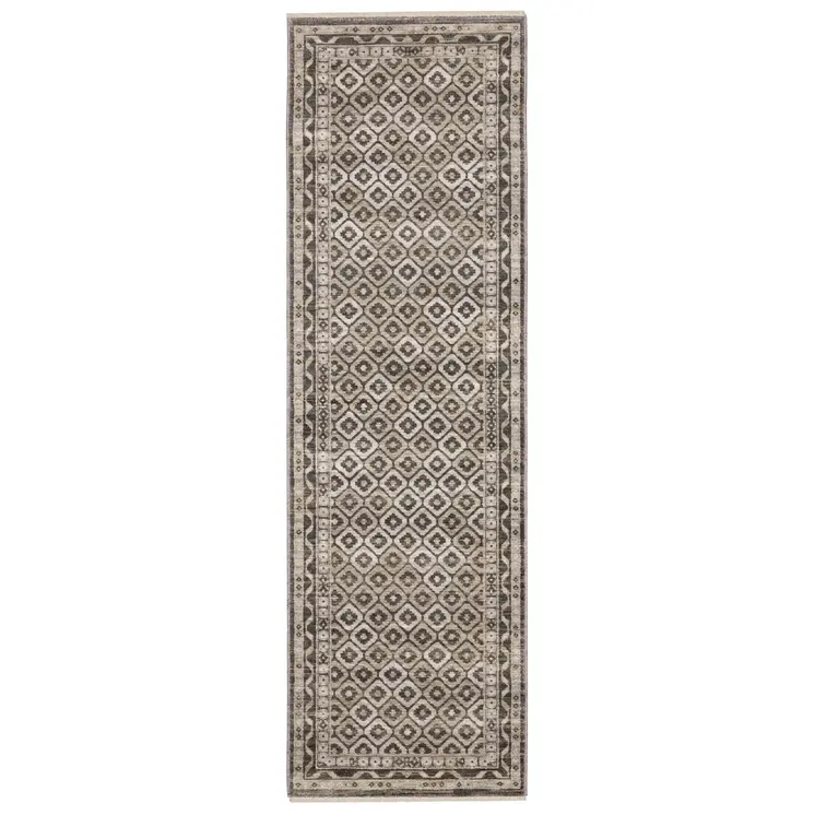 8' Gray And Beige Diamond Runner Rug With Fringe