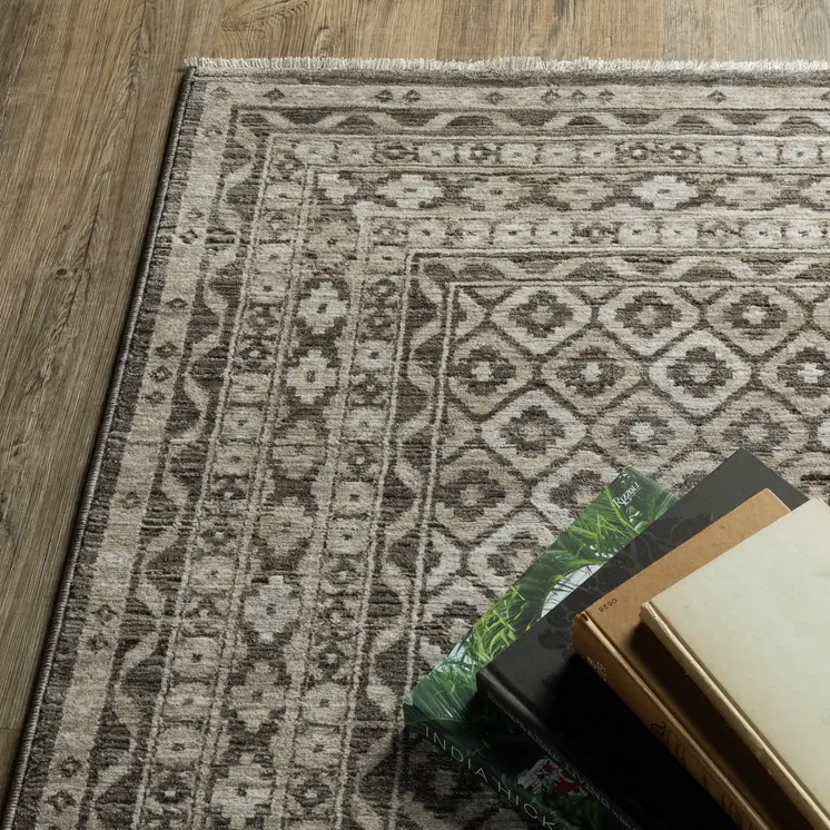 8' Gray And Beige Diamond Runner Rug With Fringe