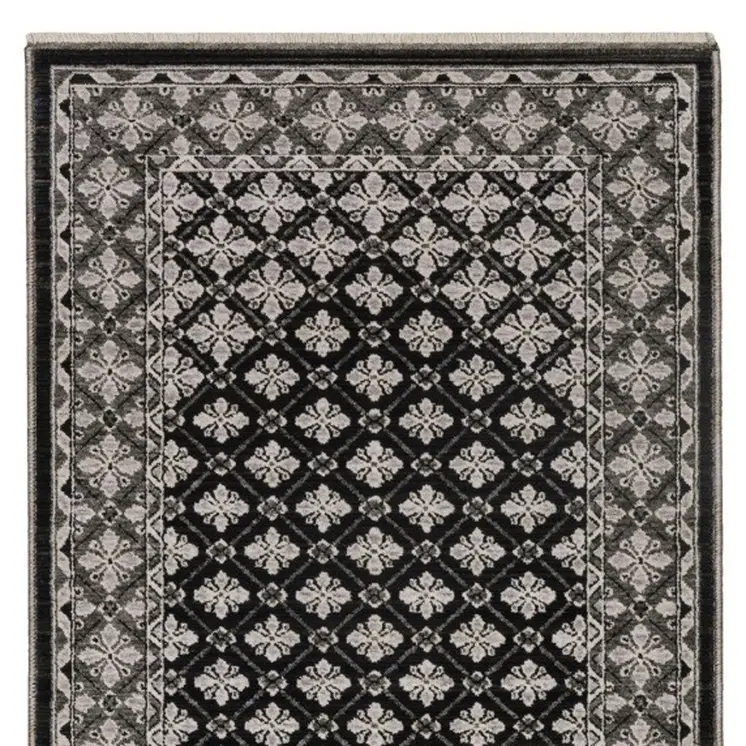 8' Black And Gray Diamond Runner Rug With Fringe