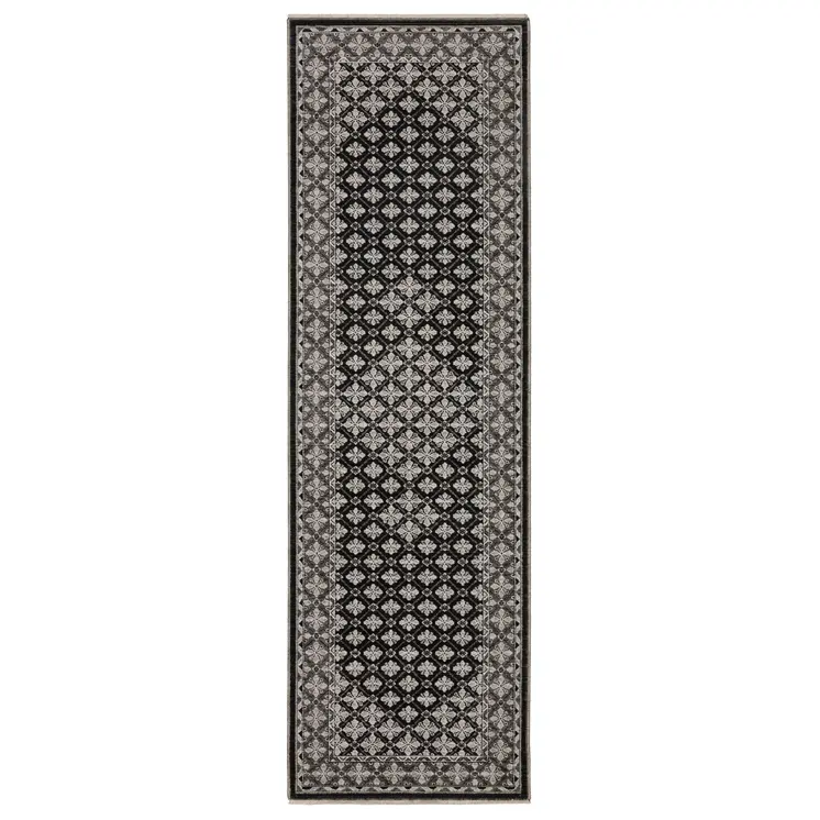 8' Black And Gray Diamond Runner Rug With Fringe