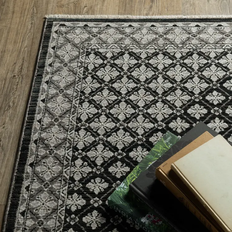 8' Black And Gray Diamond Runner Rug With Fringe
