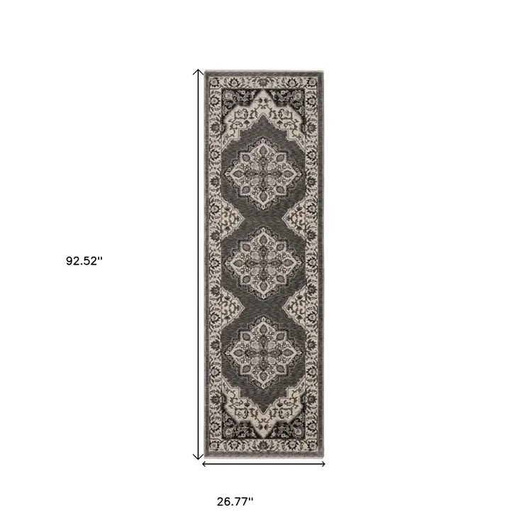 8' Gray And Beige Medallion Runner Rug With Fringe