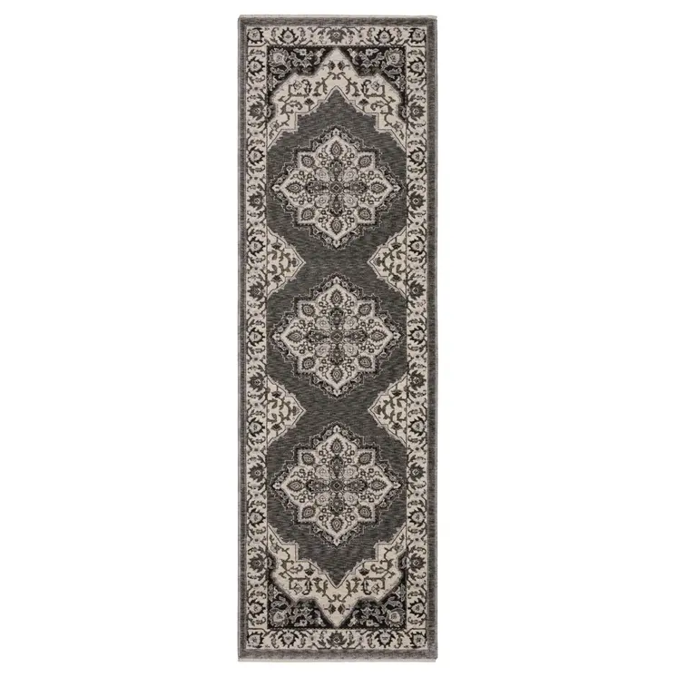 8' Gray And Beige Medallion Runner Rug With Fringe