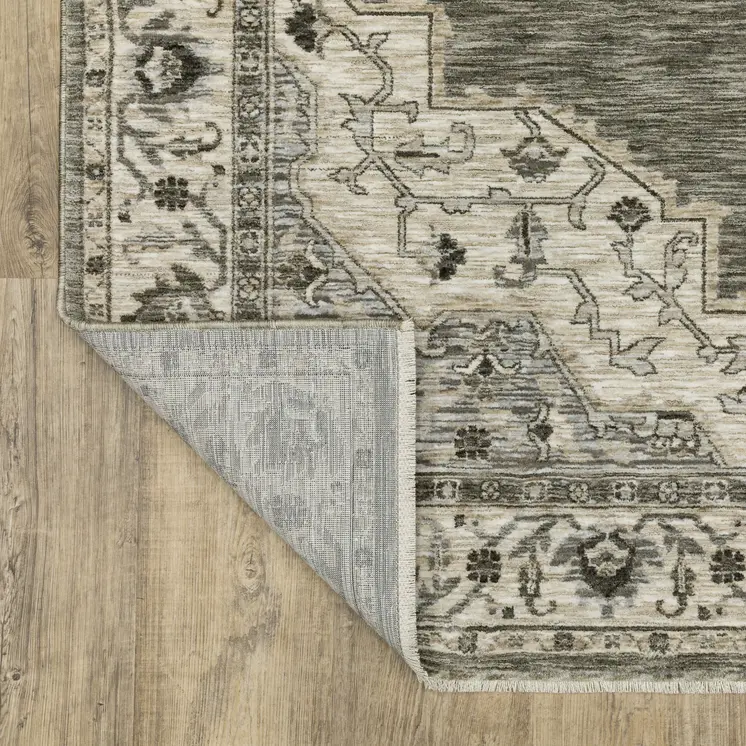 8' Gray And Beige Medallion Runner Rug With Fringe