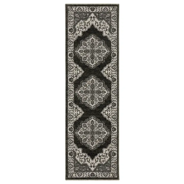 8' Charcoal And Ivory Medallion Runner Rug With Fringe