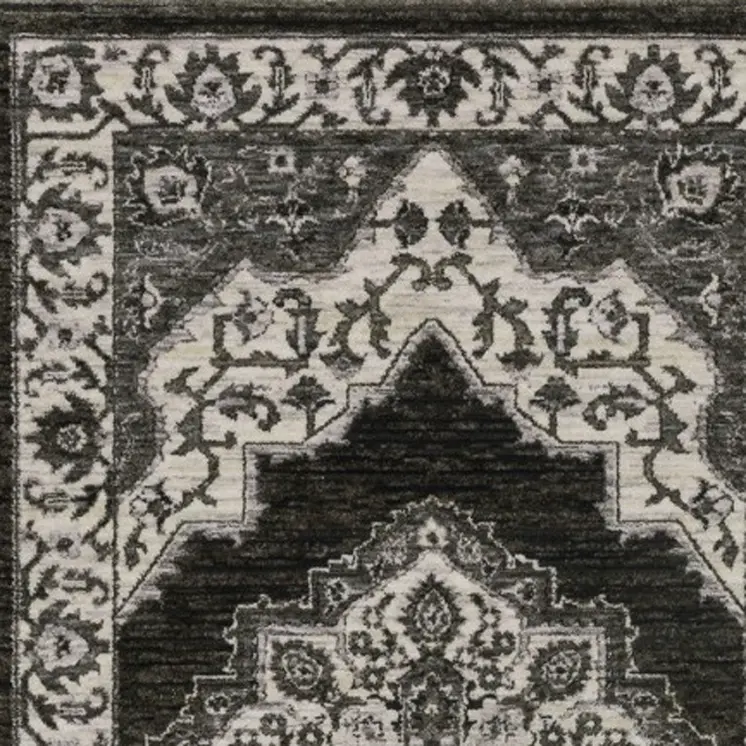 8' Charcoal And Ivory Medallion Runner Rug With Fringe