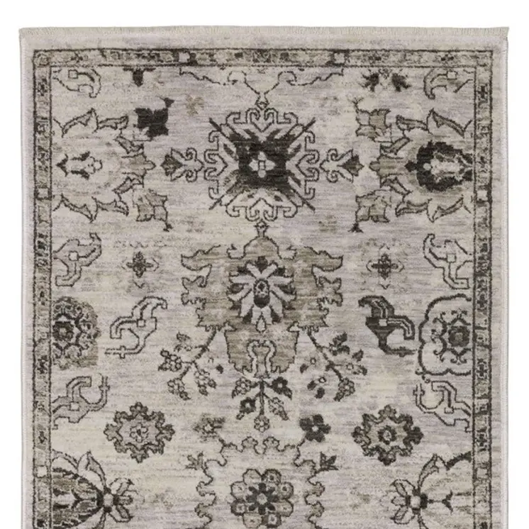 8' Ivory And Gray Oriental Runner Rug With Fringe