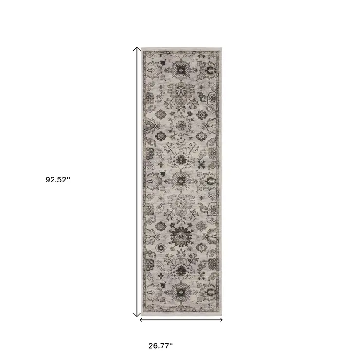 8' Ivory And Gray Oriental Runner Rug With Fringe