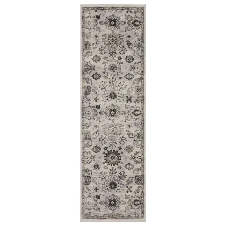 8' Ivory And Gray Oriental Runner Rug With Fringe