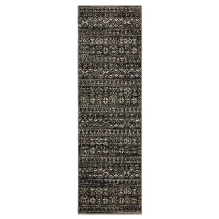 8' Black And Gray Tribal Runner Rug With Fringe