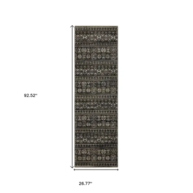 8' Black And Gray Tribal Runner Rug With Fringe