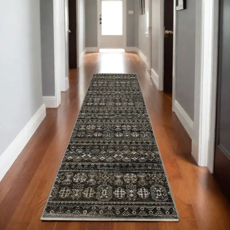 8' Black And Gray Tribal Runner Rug With Fringe