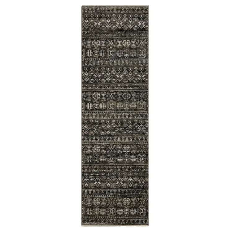 8' Black And Gray Tribal Runner Rug With Fringe