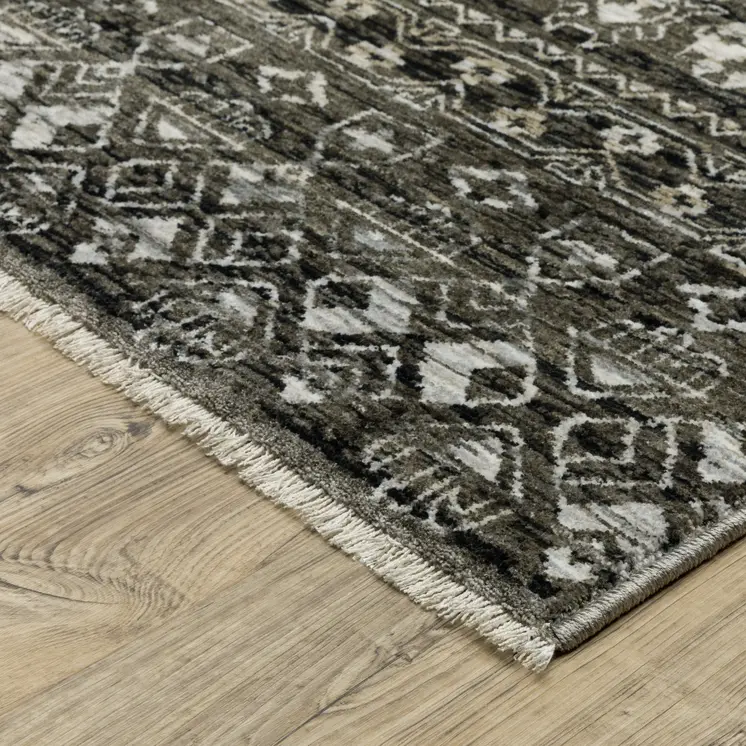 8' Black And Gray Tribal Runner Rug With Fringe