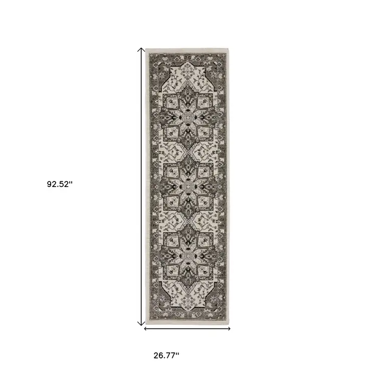 8' Ivory And Gray Medallion Runner Rug With Fringe