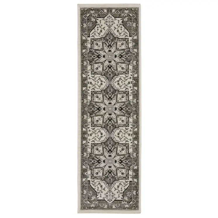 8' Ivory And Gray Medallion Runner Rug With Fringe
