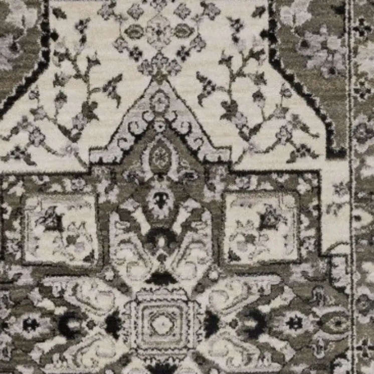 8' Ivory And Gray Medallion Runner Rug With Fringe