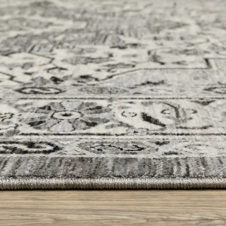 8' Gray And Ivory Medallion Runner Rug With Fringe