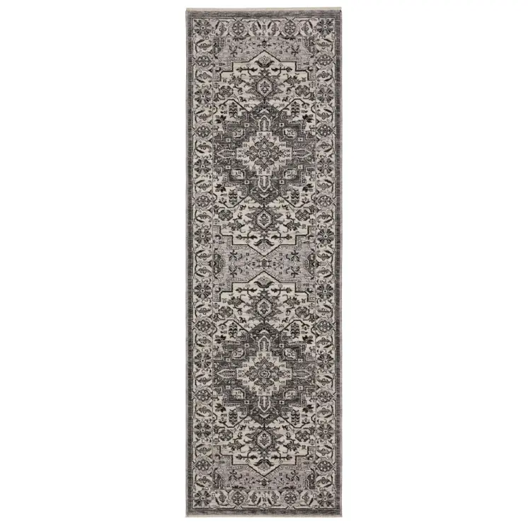 8' Gray And Ivory Medallion Runner Rug With Fringe