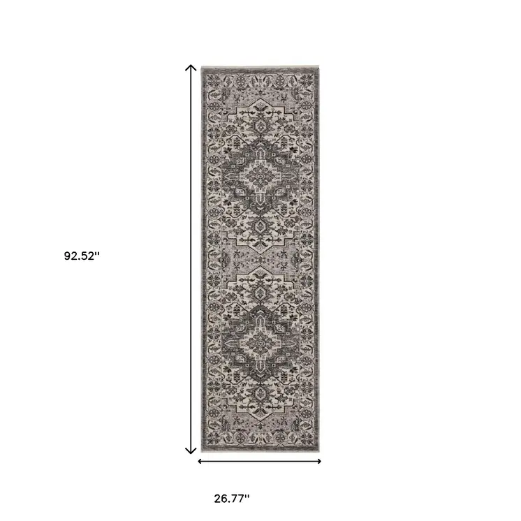 8' Gray And Ivory Medallion Runner Rug With Fringe