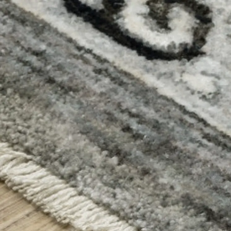 8' Gray And Ivory Medallion Runner Rug With Fringe