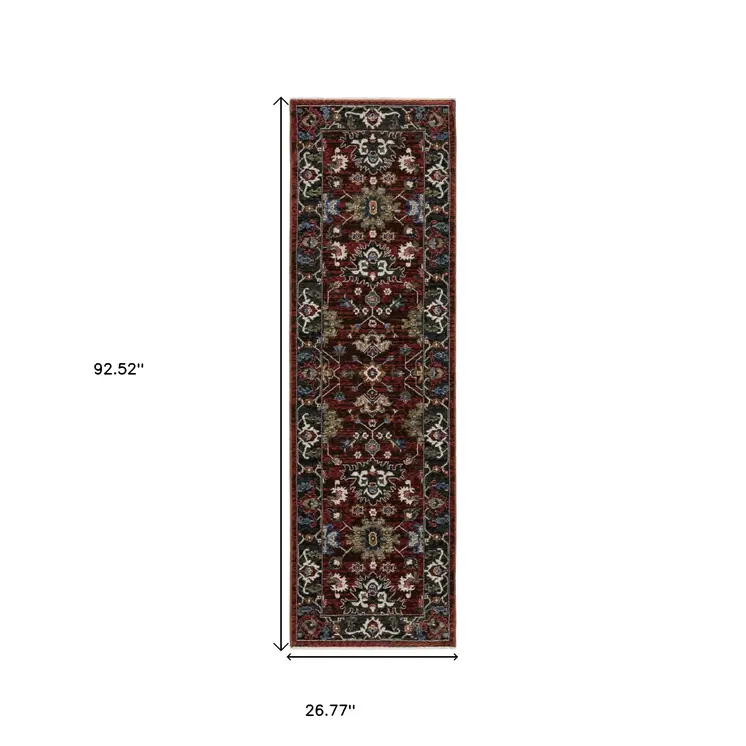 8' Red Tan And Black Oriental Runner Rug With Fringe