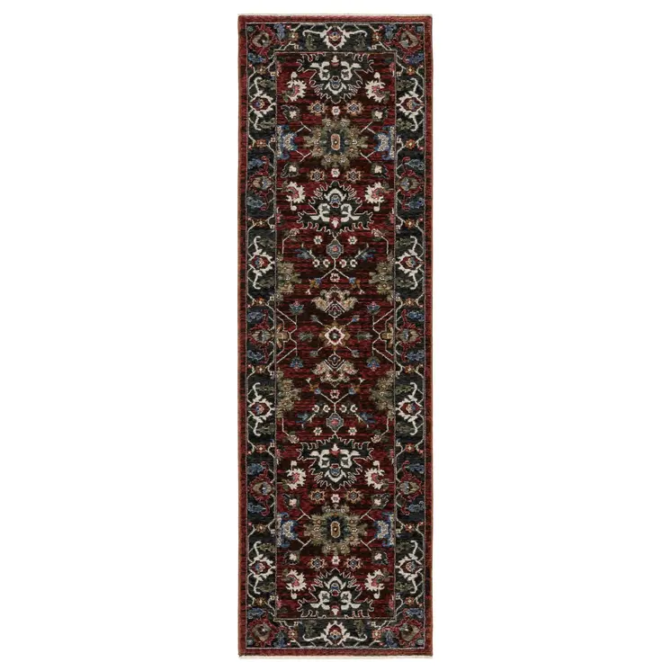 8' Red Tan And Black Oriental Runner Rug With Fringe