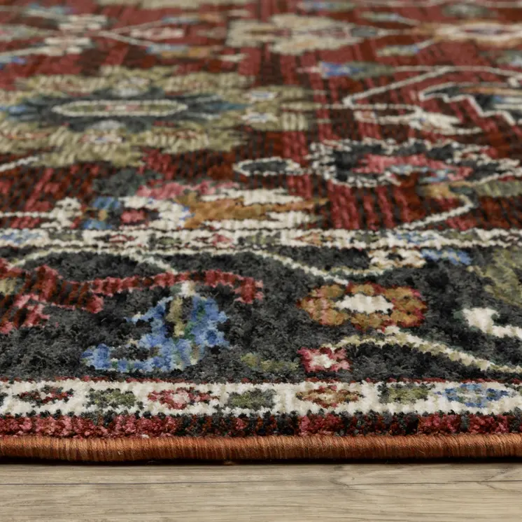 8' Red Tan And Black Oriental Runner Rug With Fringe