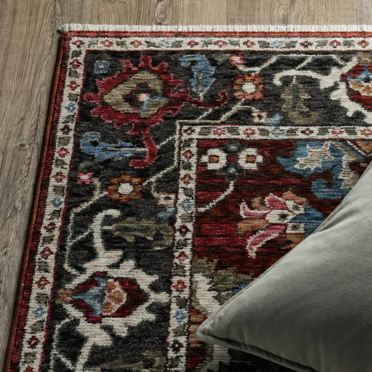 8' Red Tan And Black Oriental Runner Rug With Fringe