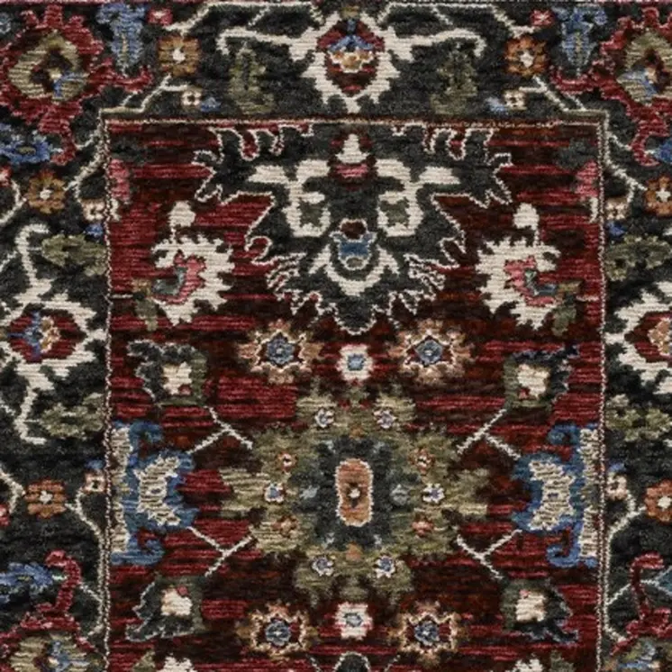 8' Red Tan And Black Oriental Runner Rug With Fringe