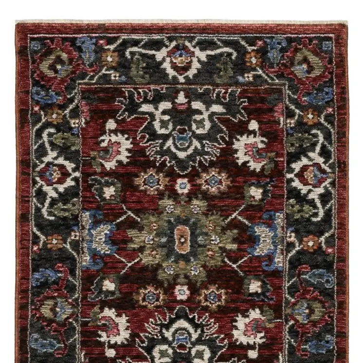 8' Red Tan And Black Oriental Runner Rug With Fringe