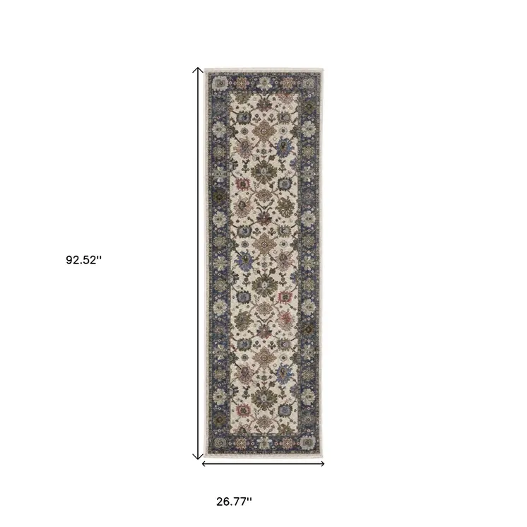 8' Blue And Ivory Floral Runner Rug With Fringe