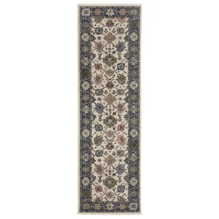 8' Blue And Ivory Floral Runner Rug With Fringe
