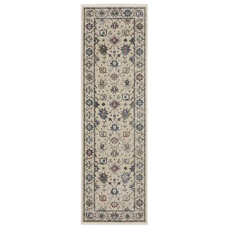 8' Ivory Tan And Blue Floral Runner Rug With Fringe