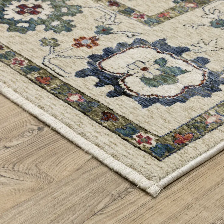 8' Ivory Tan And Blue Floral Runner Rug With Fringe