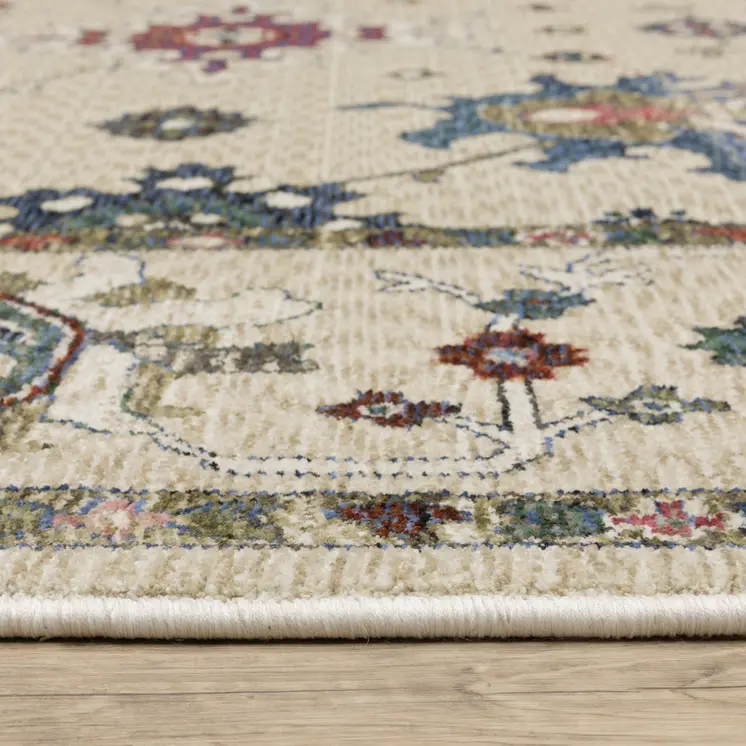 8' Ivory Tan And Blue Floral Runner Rug With Fringe