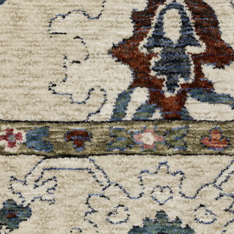 8' Ivory Tan And Blue Floral Runner Rug With Fringe