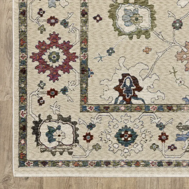 8' Ivory Tan And Blue Floral Runner Rug With Fringe