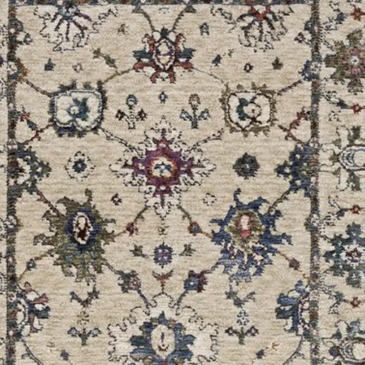 8' Ivory Tan And Blue Floral Runner Rug With Fringe