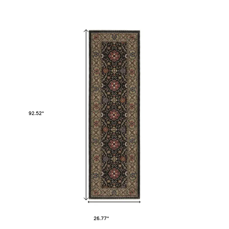 8' Charcoal And Pink Oriental Runner Rug With Fringe