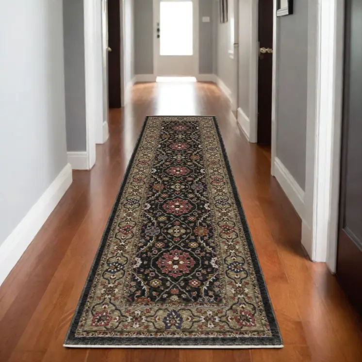 8' Charcoal And Pink Oriental Runner Rug With Fringe