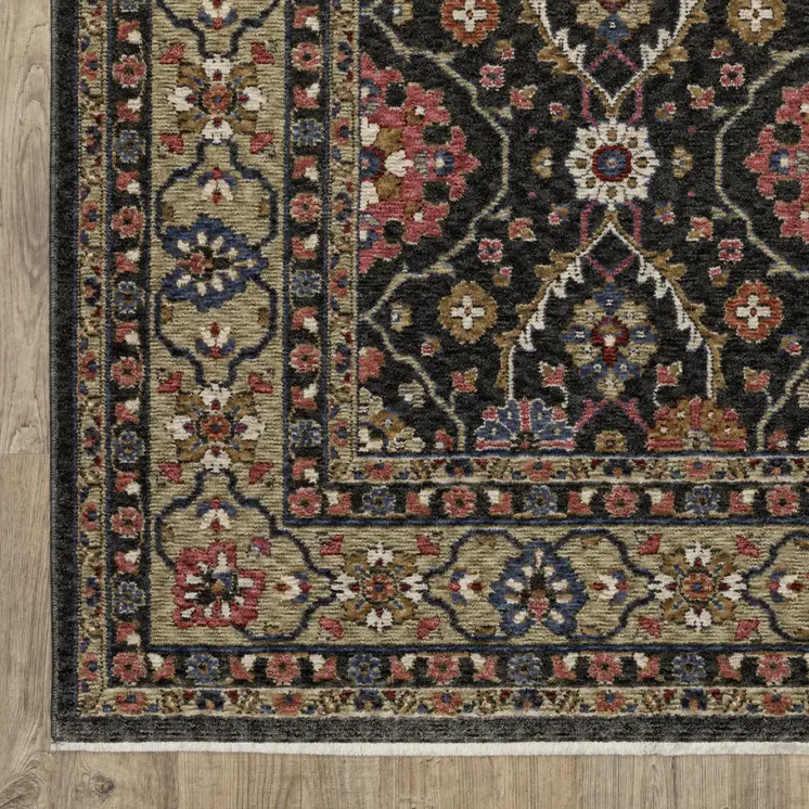 8' Charcoal And Pink Oriental Runner Rug With Fringe