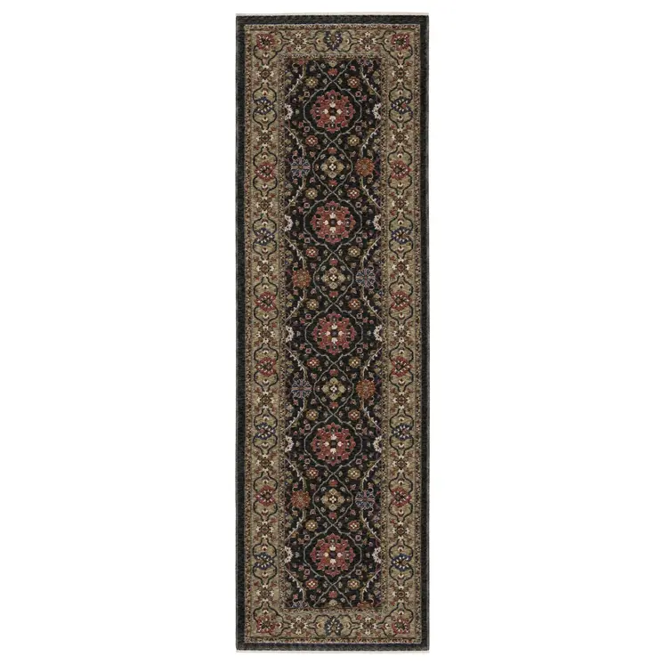 8' Charcoal And Pink Oriental Runner Rug With Fringe