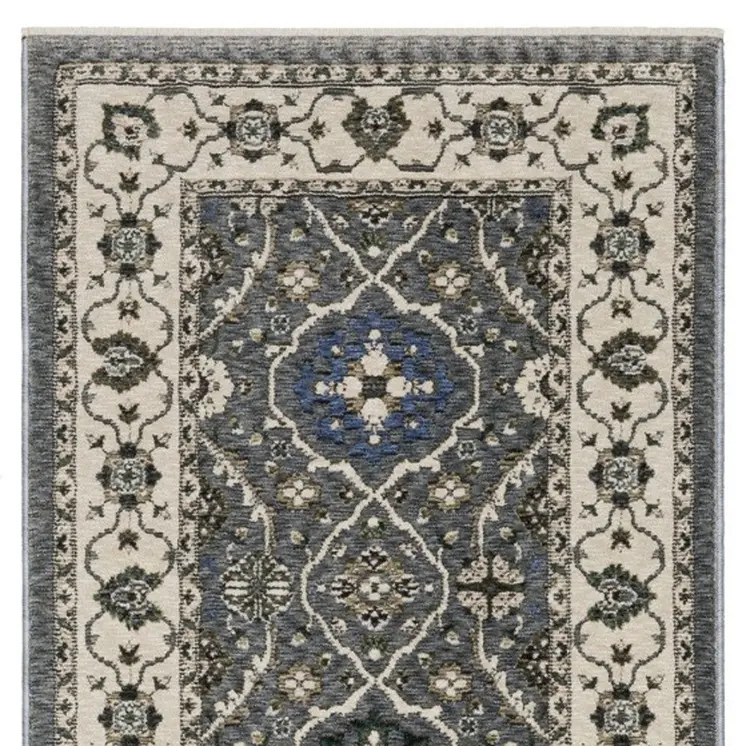 8' Blue And Gray Oriental Runner Rug With Fringe