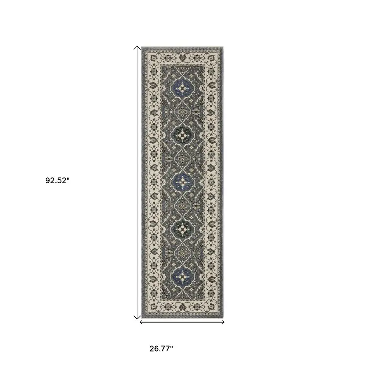 8' Blue And Gray Oriental Runner Rug With Fringe