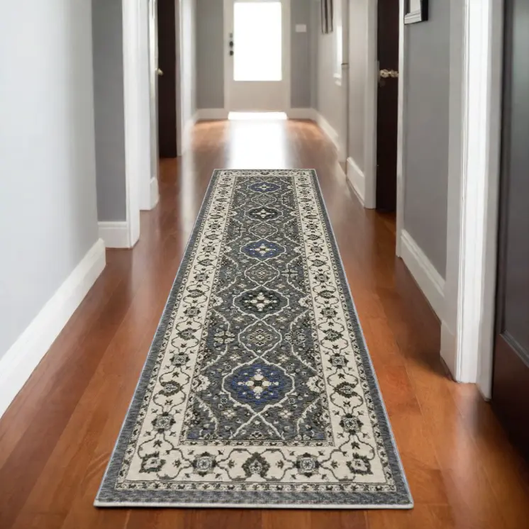 8' Blue And Gray Oriental Runner Rug With Fringe