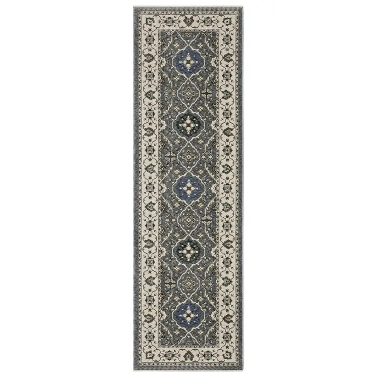 8' Blue And Gray Oriental Runner Rug With Fringe