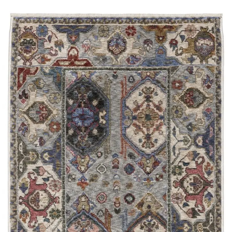 8' Blue And Gray Oriental Runner Rug With Fringe