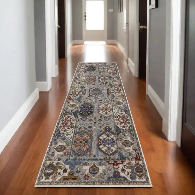 8' Blue And Gray Oriental Runner Rug With Fringe