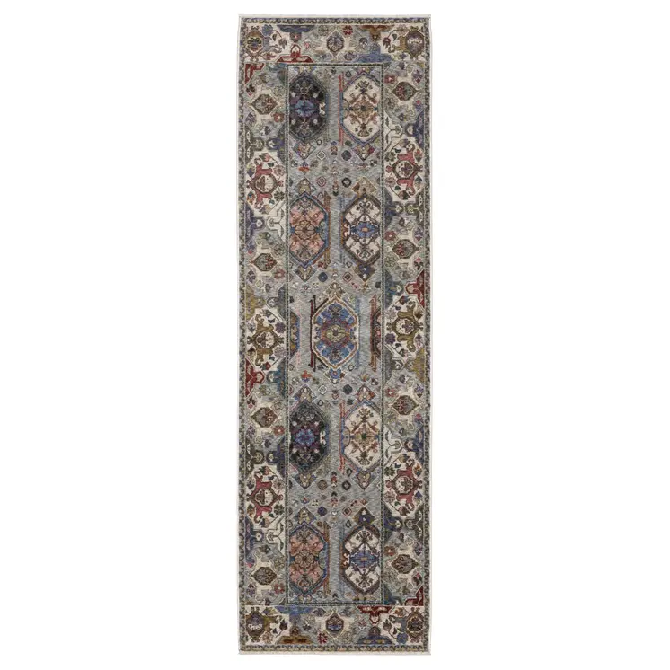 8' Blue And Gray Oriental Runner Rug With Fringe